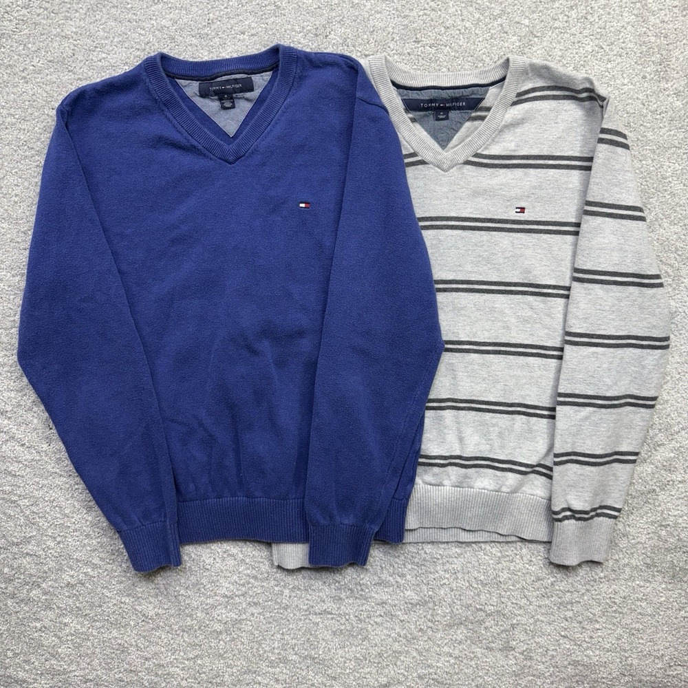 Lot of 2 Tommy Hilfiger Mens Sweaters Medium Blue & Gray Striped V-Neck Cotton